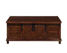 Load image into Gallery viewer, Farmhouse Coffee Table for Living Room Distressed Cocktail Table with Storage Shelf and Sliding Barndoors (Brown)