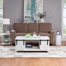 Load image into Gallery viewer, Farmhouse Coffee Table for Living Room Distressed Cocktail Table with Storage Shelf and Sliding Barndoors (Brown)