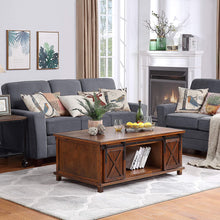 Load image into Gallery viewer, Farmhouse Coffee Table for Living Room Distressed Cocktail Table with Storage Shelf and Sliding Barndoors (Brown)