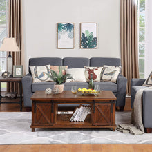 Load image into Gallery viewer, Farmhouse Coffee Table for Living Room Distressed Cocktail Table with Storage Shelf and Sliding Barndoors (Brown)