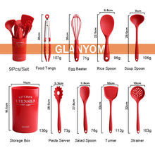 Load image into Gallery viewer, 9PCS Cooking Tools Set Premium Silicone Kitchen Cooking Utensils Set with Storage Box Turner Tongs Spatula Soup Spoon Strainer