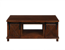 Load image into Gallery viewer, Farmhouse Coffee Table for Living Room Distressed Cocktail Table with Storage Shelf and Sliding Barndoors (Brown)
