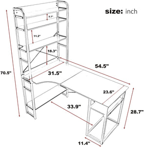 Home Office Computer Desk with Storage Shelves Metal Frame Modern Large Office Writing Desk with Bookshelf