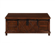 Load image into Gallery viewer, Farmhouse Coffee Table for Living Room Distressed Cocktail Table with Storage Shelf and Sliding Barndoors (Brown)
