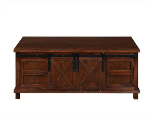 Farmhouse Coffee Table for Living Room Distressed Cocktail Table with Storage Shelf and Sliding Barndoors (Brown)