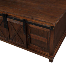 Load image into Gallery viewer, Farmhouse Coffee Table for Living Room Distressed Cocktail Table with Storage Shelf and Sliding Barndoors (Brown)
