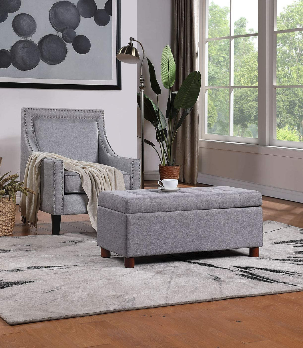 Storage Bench for Home Organization 39'' Bench Tufted Linen Fabric Ottoman Storage Bench with Lift Top