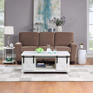 Farmhouse Coffee Table for Living Room Distressed Cocktail Table with Storage Shelf and Sliding Barndoors (Brown)
