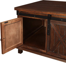 Load image into Gallery viewer, Farmhouse Coffee Table for Living Room Distressed Cocktail Table with Storage Shelf and Sliding Barndoors (Brown)
