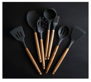 Silicone Kitchen Set Cooking Tools Utensils Set Spatula Shovel Soup Spoon with Wooden Handle Special Heat-resistant Design