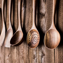 Load image into Gallery viewer, Thailand Teak Natural Wood Tableware Spoon Ladle Turner Long Rice Colander Soup Skimmer Cooking Spoons Scoop Kitchen Tool Set
